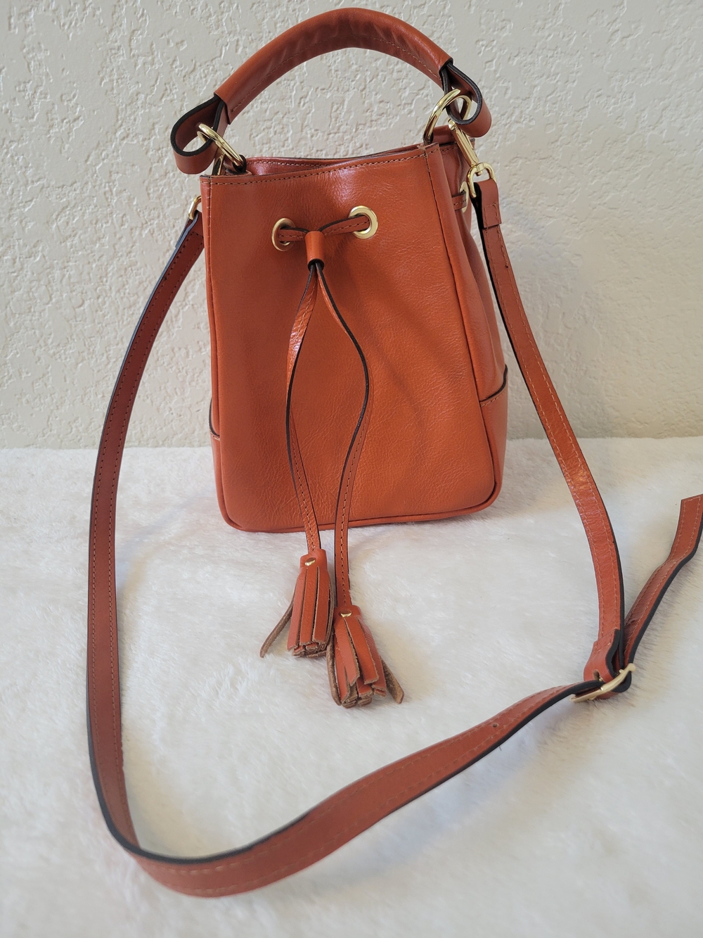 Orange Genuine Leather Drawstring Bucket Bag